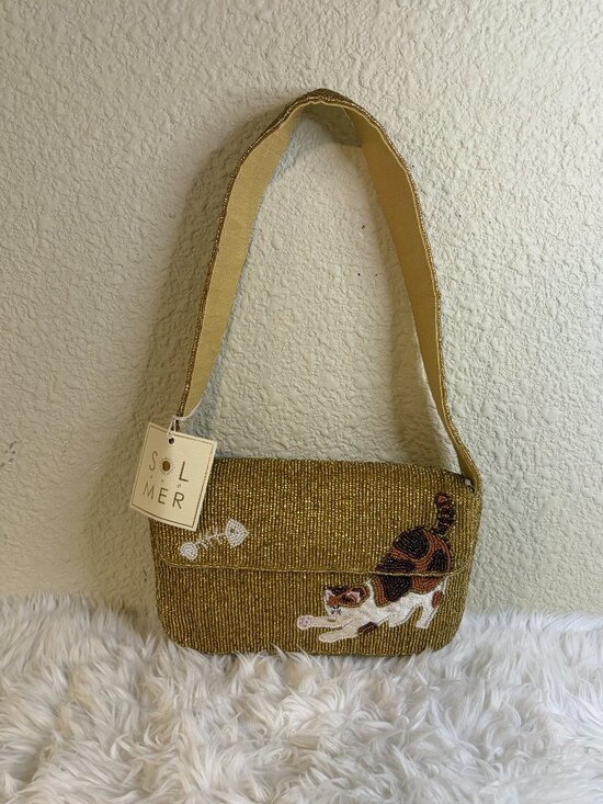 T.J.Maxx Handbags - Viral Beaded Cat Gold Shoulder Bag Calico Kitty Fish Bone Novelty Purse NWT
